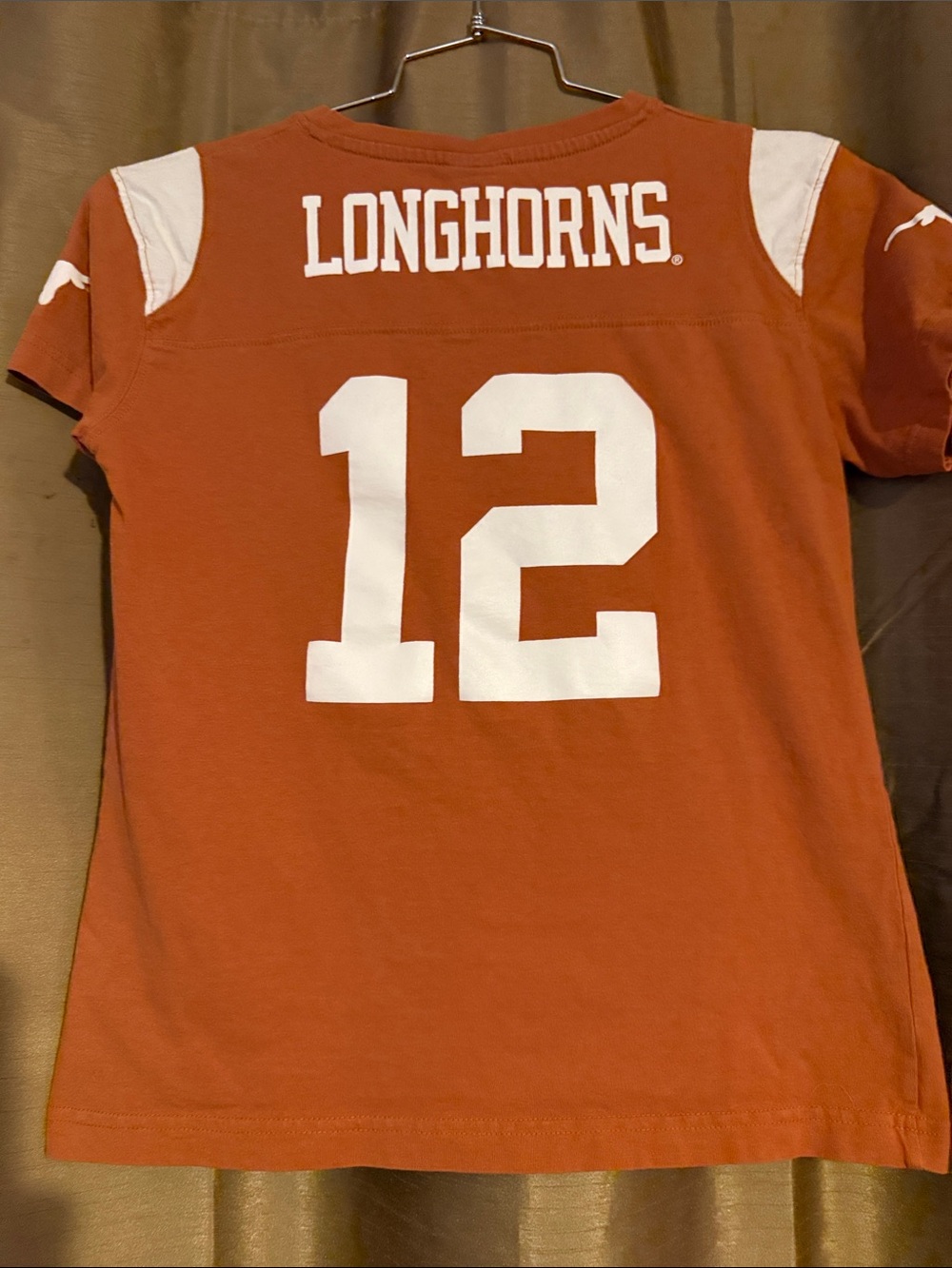 Ladies V-Neck Texas Longhorns Jersey Tee in Burnt Orange with White Number 12